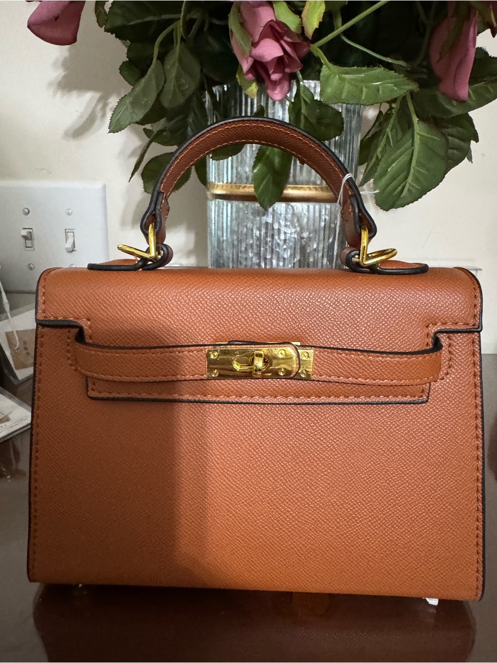 Classic Structured Top-Handle Women's Bag in Cognac Brown